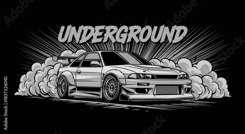 Underground jdm car with smoke and grunge text, black and white automotive design for t-shirt, poster, and sticker