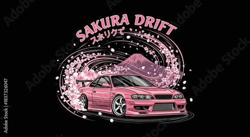 Sakura drift jdm car with mount fuji and cherry blossoms design, japanese themed automotive graphic for apparel