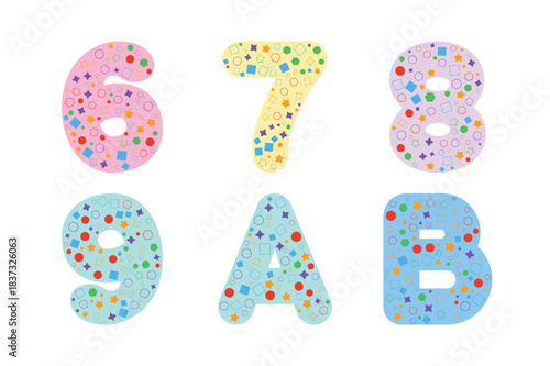 Colorful numbers and letters decorated with small flowers isolated on white background