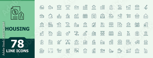 Set of Housing line icon. Included build, town, urban development, home, apartment, city and more. Minimal icons collection. Architecture modern icon set. Pixel perfect. Vector illustration.