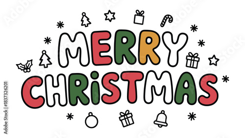 Festive Cheer: Merry Christmas typography adorned with playful icons of festive joy and celebration, embodies the spirit of the holiday season.