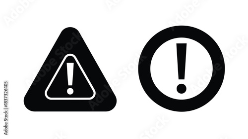 Black and white warning signs with exclamation points indicating potential hazards