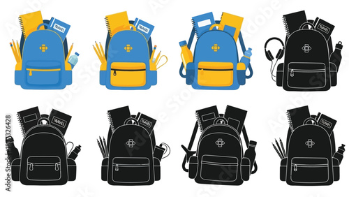 Colorful school backpacks with supplies in various arrangements and black silhouettes