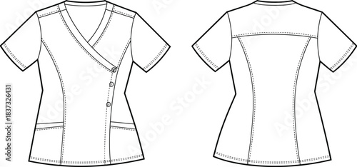 PrintProfessional V-Neck Crossover Nurse Medical Scrub Top Front and Back Views Line Art Technical Drawing Black and White Illustration