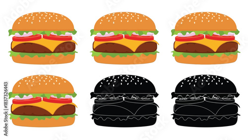 A colorful arrangement of six hamburger illustrations varying in style and color