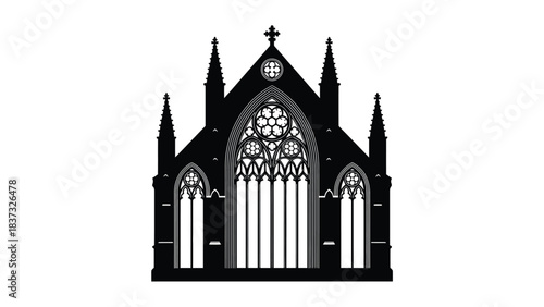 Detailed black and white illustration of a gothic cathedral facade