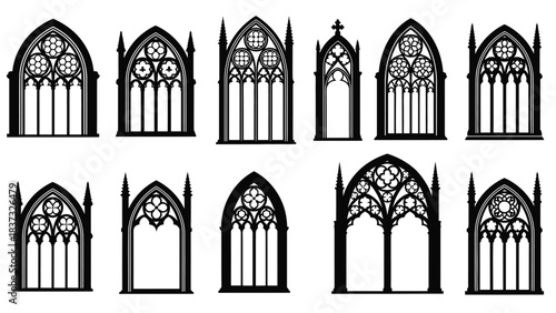 Collection of ornate gothic window designs in black and white illustration