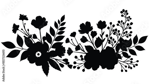 Elegant black floral arrangement with detailed leaves and blossoming silhouettes