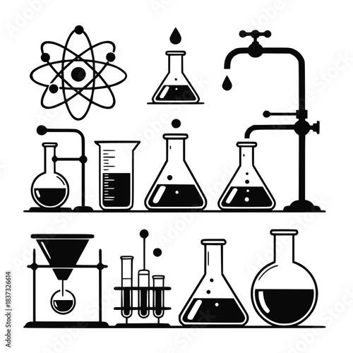 Design for science education websites, stem promotional materials, or lab safety posters: Black vector silhouette set of chemistry laboratory equipment, glassware, atom icon. Transparent SVG version.