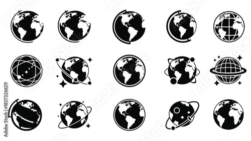 Collection of monochrome earth globe icons with various orbital and network designs