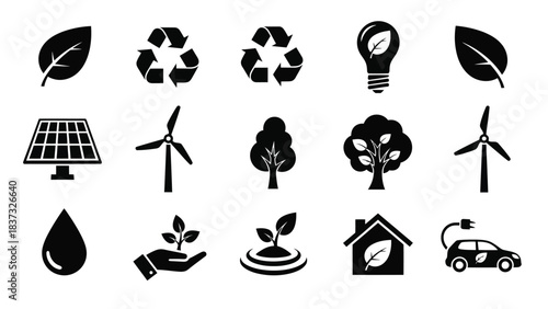 Collection of environmental icons representing sustainability renewable energy and ecological concepts