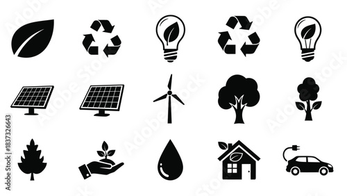 Icons representing environmental sustainability renewable energy sources and ecological concepts