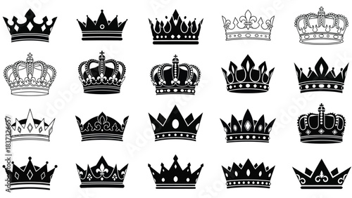 A collection of ornate royal crowns in varying styles and designs