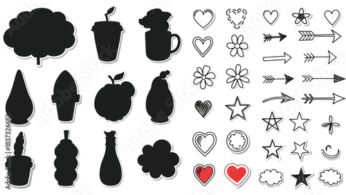 Collection of black silhouette illustrations featuring fruits plants and decorative elements