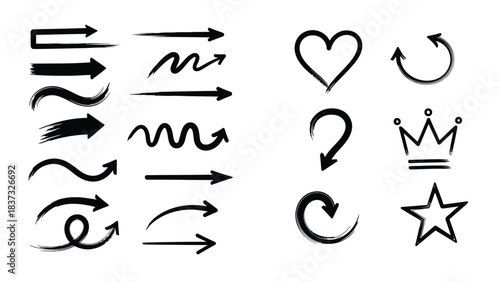 Collection of hand drawn arrows hearts and decorative brushstroke symbols