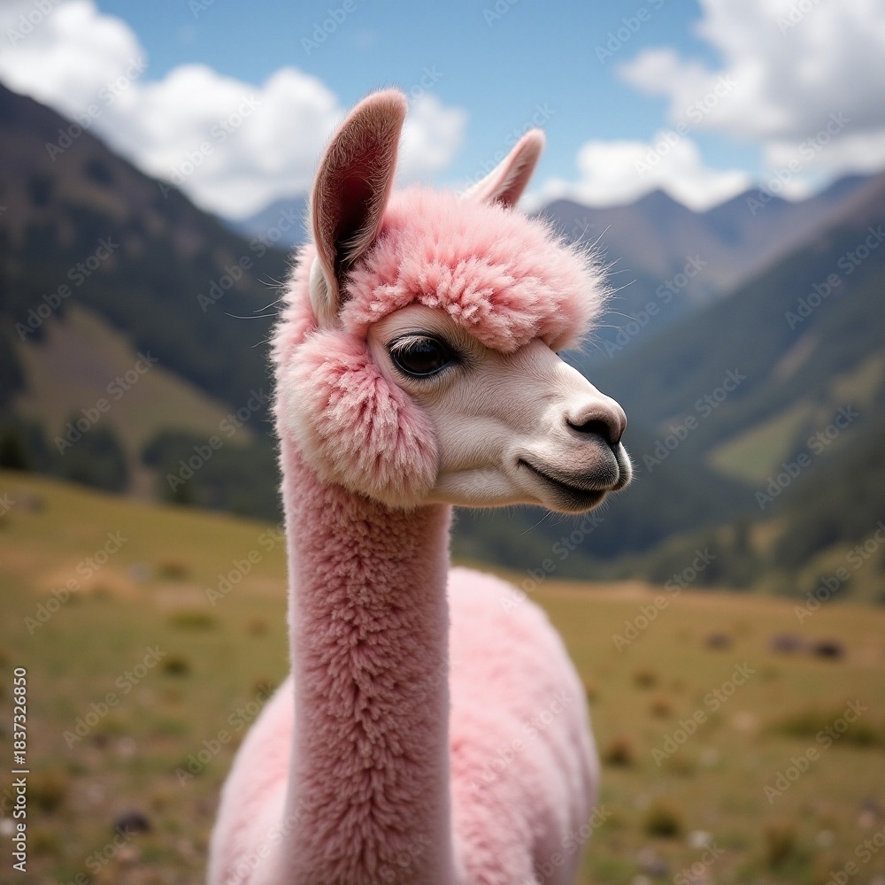 Obraz premium AI generated Stylish pink alpaca with fluffy coat in scenic mountain setting