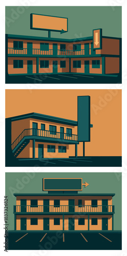Liminal Space Motel Design with Empty Signage and Parking