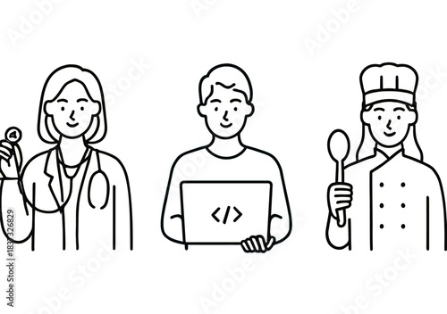 Diverse professions illustrated doctor coder chef representing different careers
