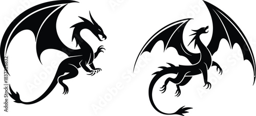 PrintBlack Dragon Silhouettes Set, Flying Mythological Creature Vector Icon Collection, Heraldic Art and Fantasy Mascot Design Element, Isolated Legend