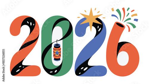 New Year Celebration 2026: A vibrant and celebratory illustration of the year 2026, depicted with playful typography and festive elements, fireworks, and stars.