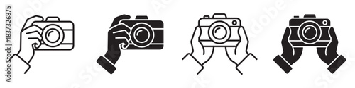 Camera holding gesture icon set with hands and photo camera symbols in solid and linear styles, minimal clean design for photography, snapshots, creative content, devices and modern UI – stock vector