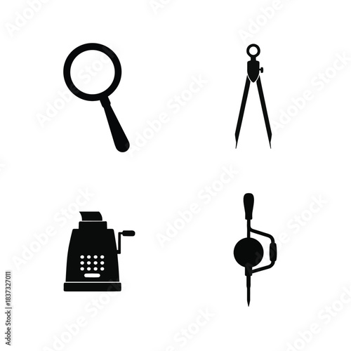Collection of four vintage tool and office supply icons on white background Keywords: magnifying glass, compass