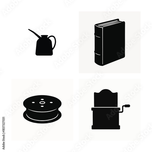 Antique Objects Silhouette Collection With Oil Can Book Film Reel Coffee Grinder
