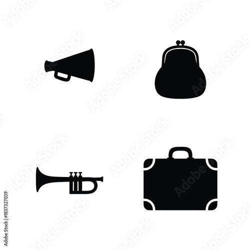 Retro Icons Silhouette Set With Megaphone Coin Purse Trumpet Suitcase vector illustration