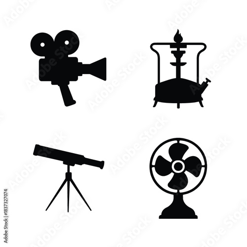 Antique Device Silhouettes Film Camera Stove Telescope Fan vector illustration