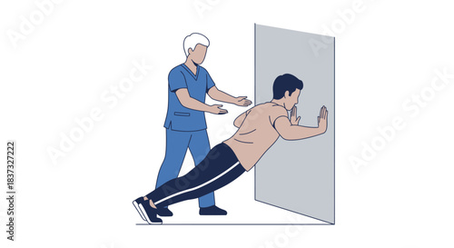 Physiotherapy Exercise: Man doing wall push-ups with therapist guidance for Strength Rehabilitation