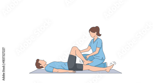 Physiotherapy Exercise, therapist assisting man with leg flexion, Supine Knee Flexion Rehabilitation Exercise