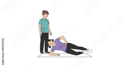 Person practices side plank exercise with trainer in fitness session indoors in a gym at daytime illustration