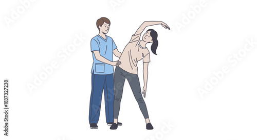 physiotherapist guiding woman through side stretch during rehabilitation exercise.