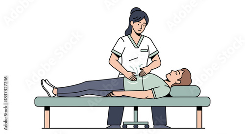 Physical therapy session in a clinical setting with therapist and patient performing abdominal manual therapy on patient illustration