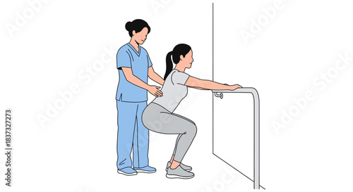 Physiotherapy Doctor Performing a therapy session with a patient doing squats while holding onto a support bar at a clinic