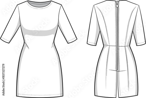 PrintWomen's Elegant Pencil Dress Front and Back View Fashion Flat Technical Drawing Half Sleeve Bodycon Silhouette Black White Vector