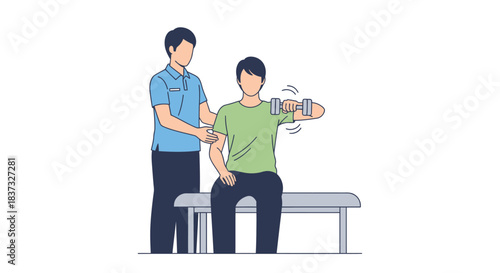 Physiotherapy Exercise: Man doing dumbbell lateral raise with therapist assistance, Shoulder exercise