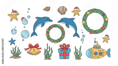 Aquatic Christmas: A vibrant illustration showcasing the magic of Christmas in the underwater world. Two dolphins swim above a Christmas wreath and a submarine.