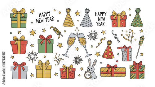 New Year's Festive Array: A colorful illustration showcasing an assortment of gifts, party hats, champagne glasses and festive elements to ring in the New Year. 