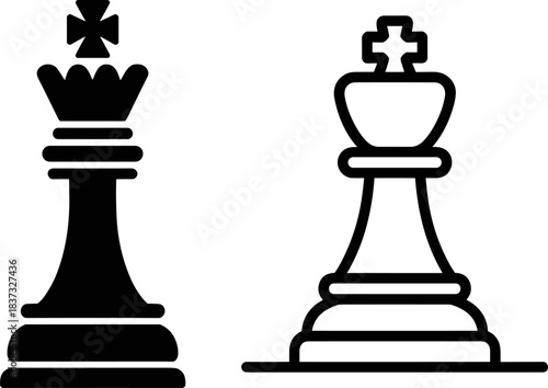 Premium Chess King Icon Vector Set: Solid and Outline Styles. Strategy Game Piece Symbol for Board Game Design, UI/UX, and Strategic Planning Concepts in Black Glyph Format.