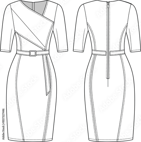 PrintWomen's Elegant Sheath Pencil Dress Technical Flat Drawing, Wrap Bodice, Belted Waist, Short Sleeves, Vector CAD Sketch for Apparel Design.