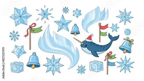 Whimsical Winter Wonderland: An enchanting winter-themed illustration. A delightful array of festive elements, including a playful narwhal adorned in a Santa hat, shimmering snowflakes.