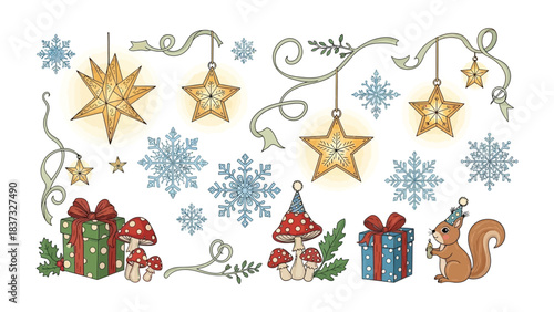 Festive Illustration: A charming assortment of holiday elements, stars, and snowflakes forming a delightful composition. Capturing the spirit of celebration and creating an enchanting atmosphere.
