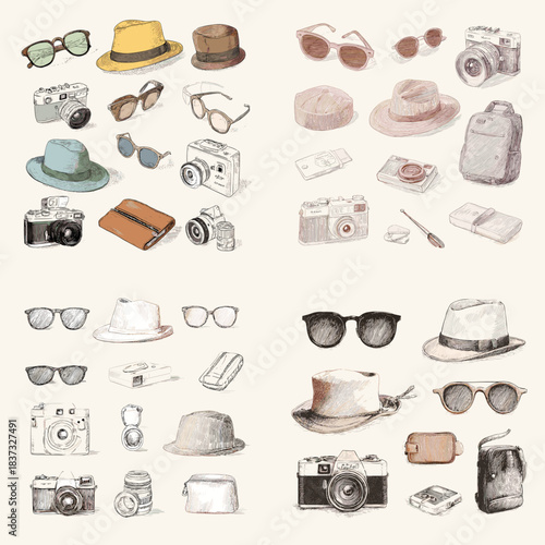 A vintage style illustration set featuring hats, sunglasses, retro cameras, bags, and travel accessories, ideal for lifestyle themes, fashion projects, and nostalgic artwork.