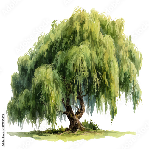 Weeping Willow Tree in watercolor style, vector illustration, isolated on white background.