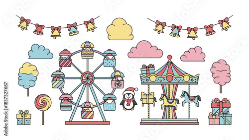Playful Fairground: An array of whimsical carnival elements, including a Ferris wheel, carousel, and cotton candy, comes together in a vibrant display. 