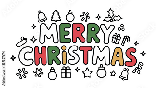 Merry Christmas: A festive illustration with the words Merry Christmas at the heart, surrounded by classic holiday symbols like ornaments, bells, gifts, and a star. It evokes the warmth of the season.