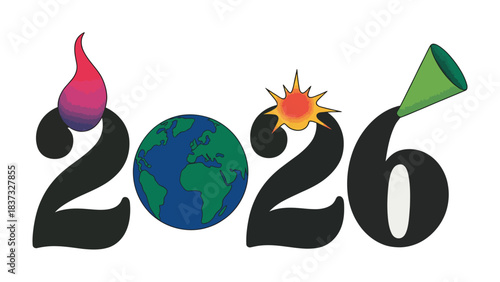 Year 2026: An illustrated depiction of the year 2026, featuring symbolic representations of fire, a globe, and an explosion, highlighting concepts of global events and future timelines.