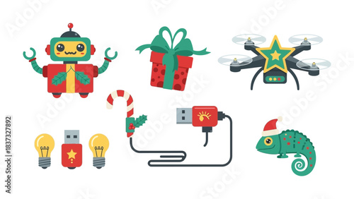 Festive Tech and Playful Friends: A whimsical collection of Christmas-themed icons, featuring a charming robot, wrapped gift, drone, light bulb, USB drive, and a festive chameleon.