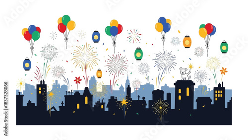 Festive Cityscape Silhouette: A celebratory scene unfolds across a cityscape silhouette, showcasing vibrant fireworks, floating lanterns, and colorful balloon clusters in a festive display.